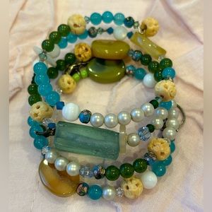 Sea Glass Beads and Charms Coil Bracelet